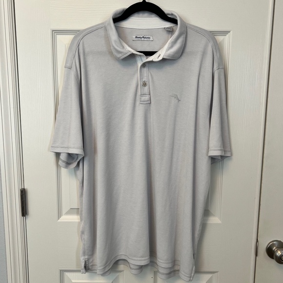 Tommy Bahama Mens Ivory/Lt Gray mini stripe Polo Short Sleeve Shirt Size XXL - Picture 1 of 6